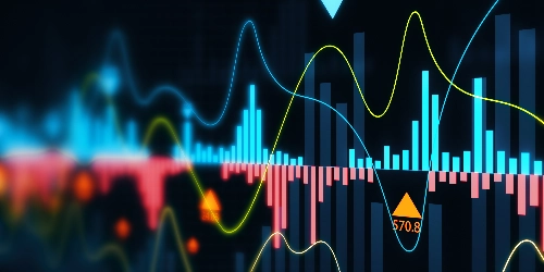Un gráfico financiero digital vibrante muestra líneas de tendencia onduladas, barras de volumen azules y rojas y marcadores de indicadores.