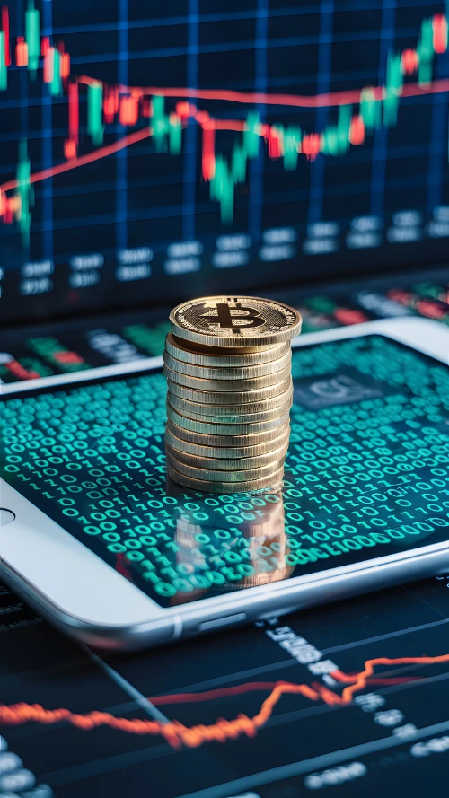 Una pila de monedas doradas de Bitcoin descansa sobre la pantalla de una tablet con código binario, con gráficos bursátiles de fondo.