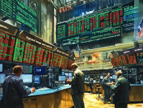 Operadores financieros trabajan en el piso de remates de una bolsa de valores rodeados de múltiples pantallas con datos bursátiles.