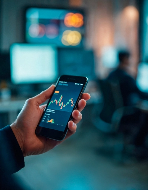 Una mano sostiene un teléfono con gráficos financieros en un entorno de oficina iluminado con luces azules.