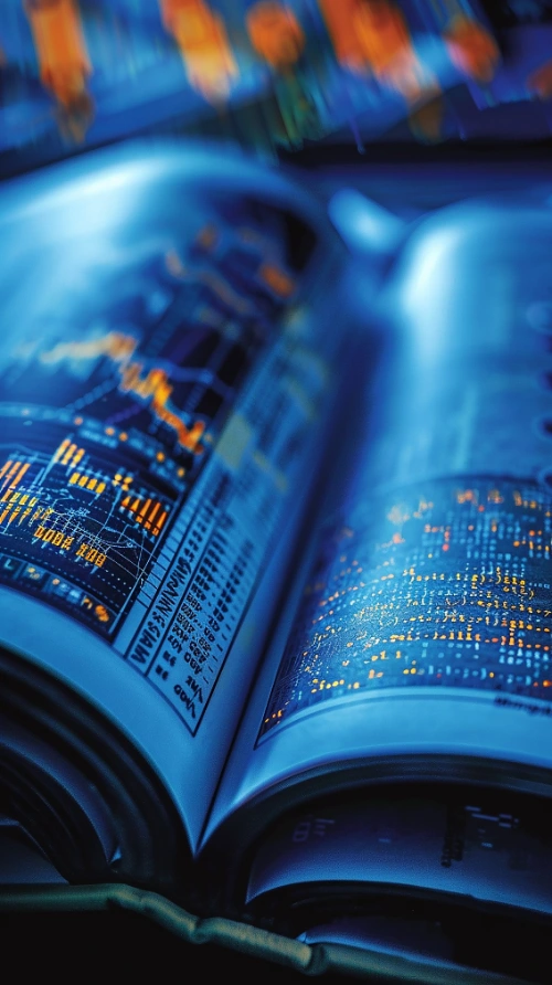 Libros abiertos con caracteres de código, representando el aprendizaje del vocabulario técnico del trading
