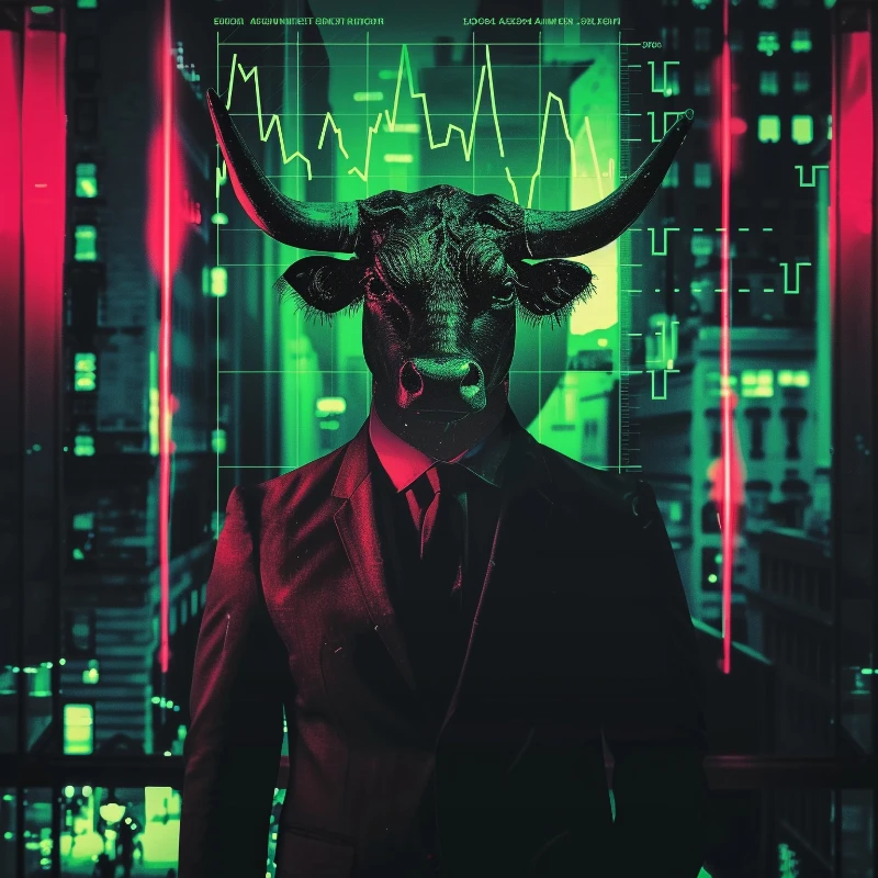 Identidad de trader sostenible: representación 3D de un toro financiero de neón
