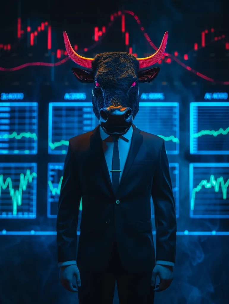 Un hombre con traje elegante y cabeza de toro con cuernos brillantes posa de pie frente a pantallas azules y rojas con gráficos del mercado financiero.