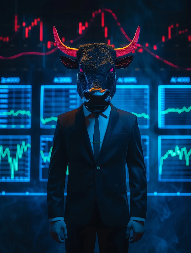 El ego en trading: representación 3D de un toro financiero de neón