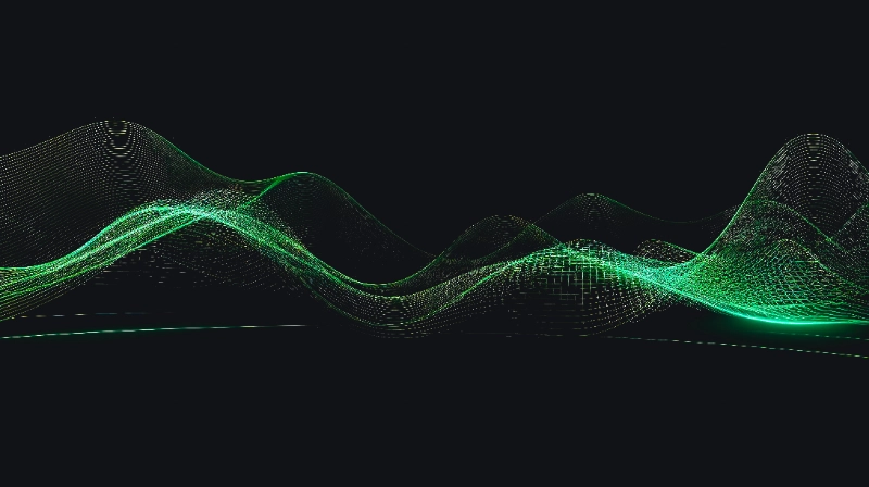 Fondo abstracto oscuro con líneas verdes representando ondas de mercado