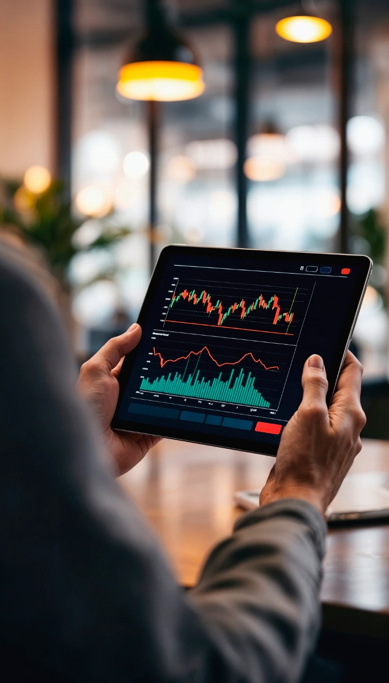 Analista revisando datos del mercado bursátil en pantalla