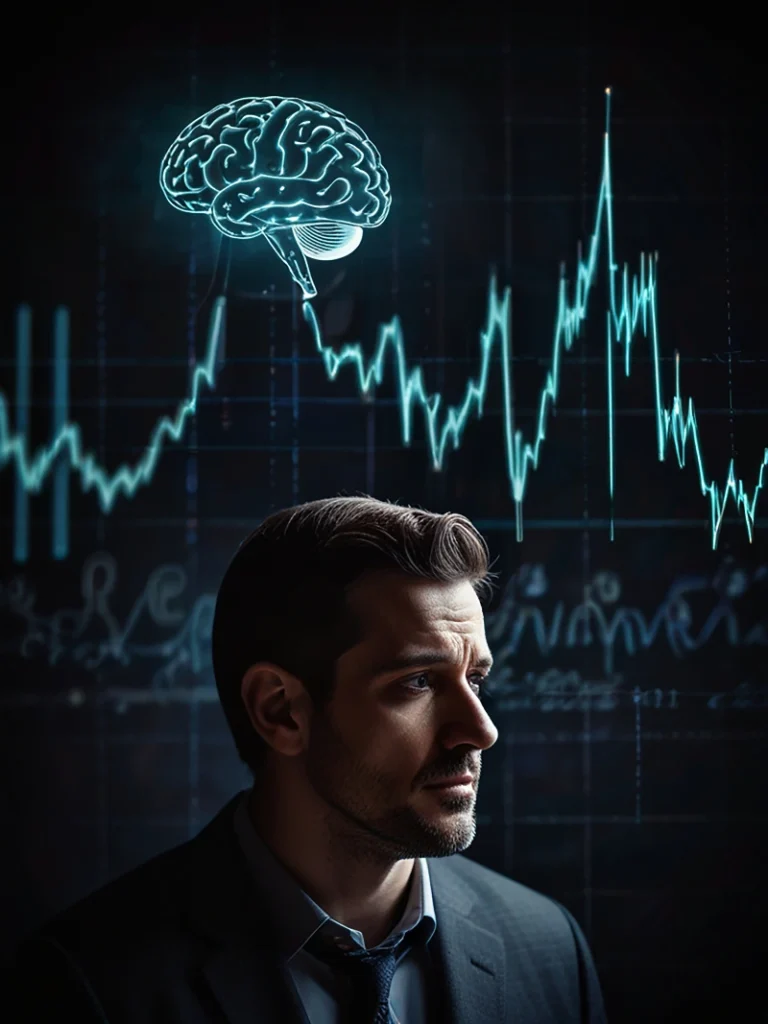 Un hombre de perfil reflexiona sobre un fondo oscuro donde destacan un gráfico de líneas cian y la ilustración brillante de un cerebro flotante.