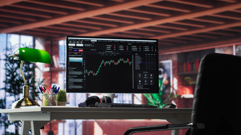 Configuración moderna de trading con monitor mostrando tendencias forex al alza