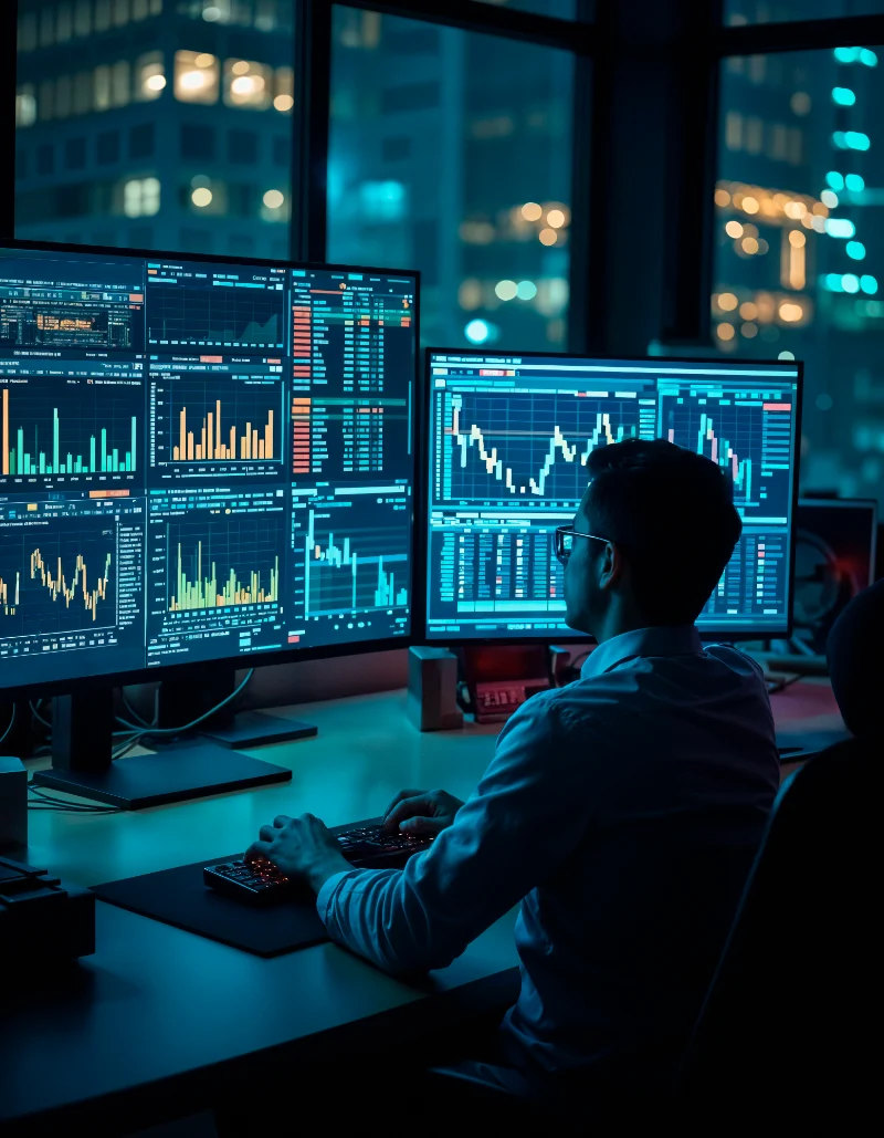 Ilusión de control en trading: trader analizando gráficos por la noche