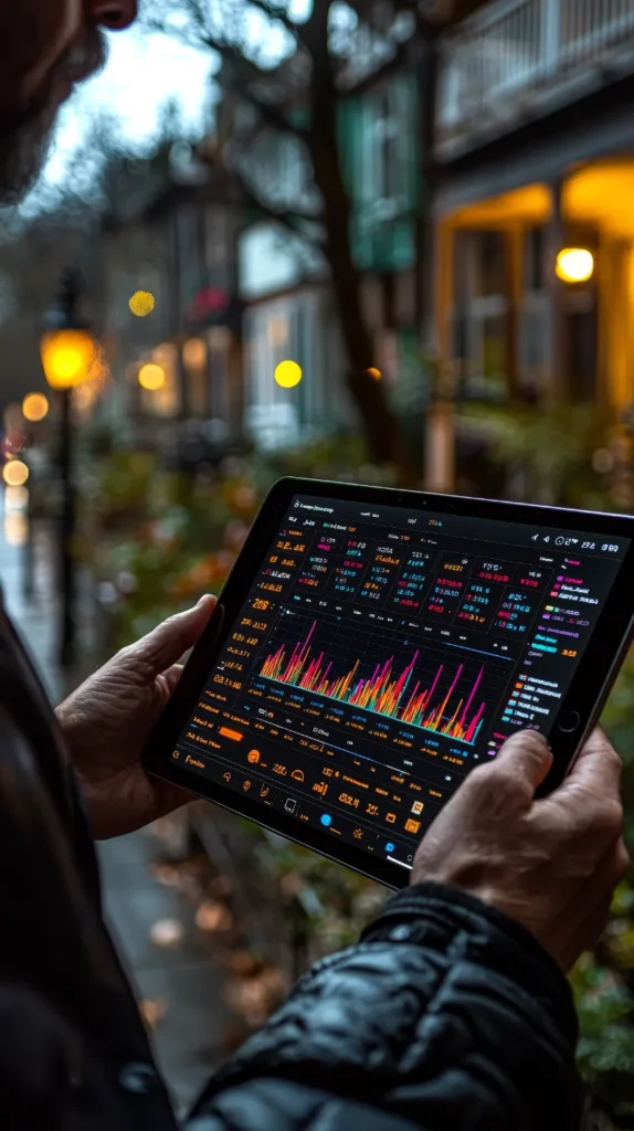 Persona sosteniendo una tableta con gráficos financieros y datos bursátiles en un entorno urbano al anochecer.