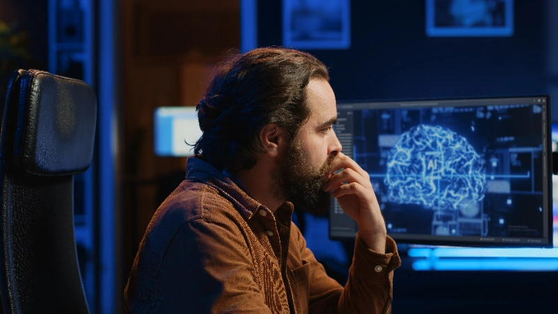 Neurociencia del trading: programador trabajando frente al ordenador con redes neuronales de IA