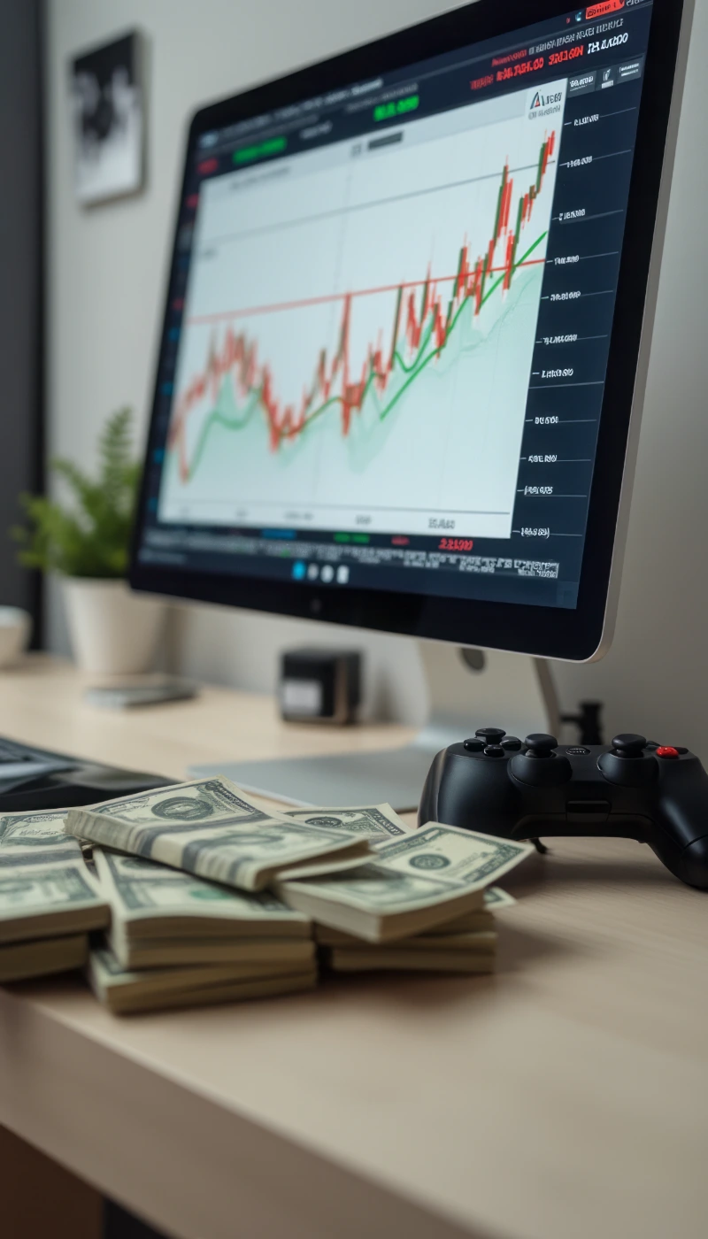 Cerrar ganancias demasiado rápido en trading: pantalla de mercado junto a una pila de efectivo