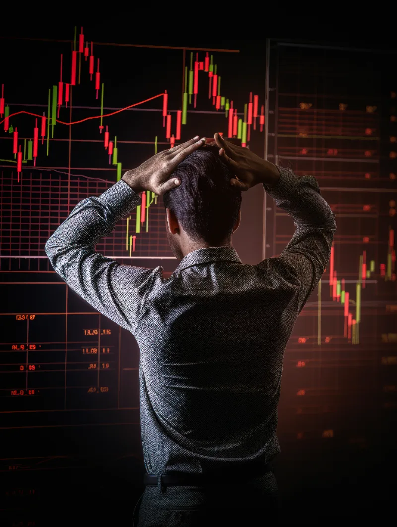 Overtrading: hombre de negocios estresado con las manos en la cabeza mirando datos financieros