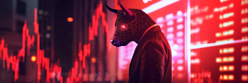 Toro financiero de neón en 3D como metáfora de breakout, fakeout y retest en el mercado