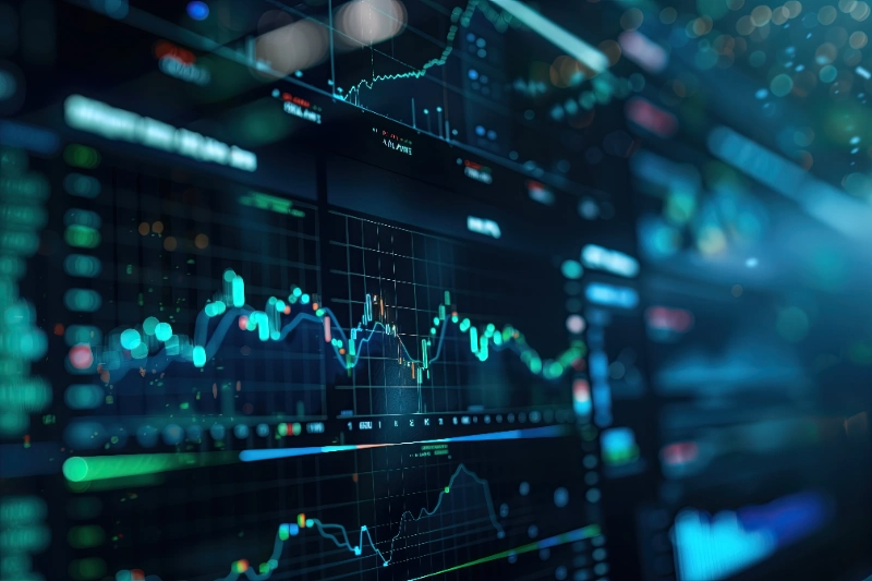 Renderizado 3D de un monitor con indicadores financieros del mercado de valores