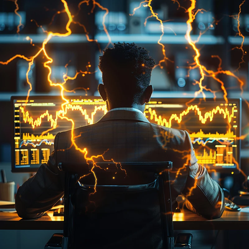 Trader financiero observando gráficos de mercado de espaldas a la cámara