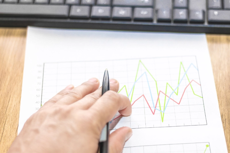 Analista revisando gráficos impresos para identificar máximos decrecientes en el mercado