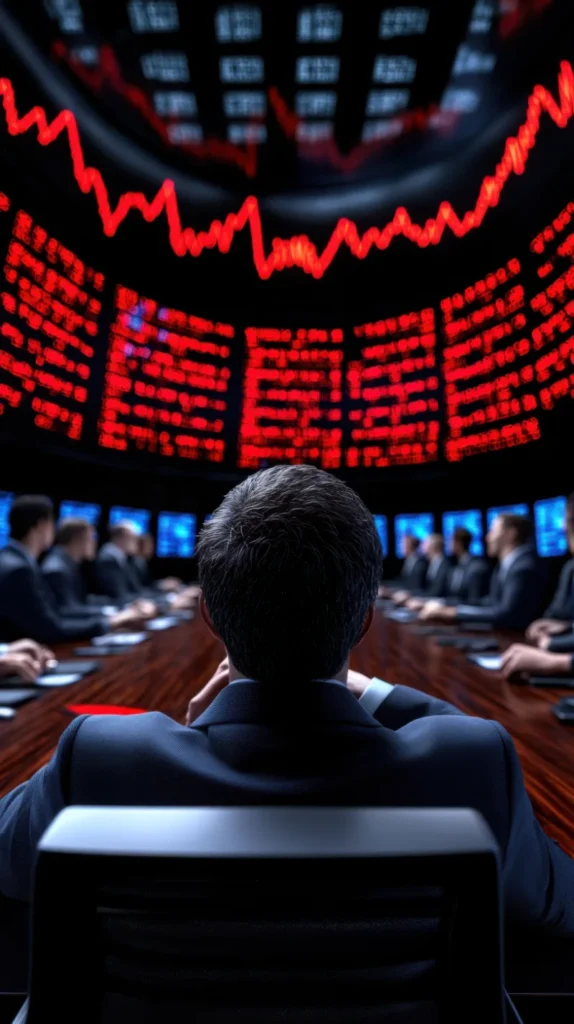 Ejecutivo visto desde atrás presidiendo una junta de negocios mientras observa panales de datos bursátiles en rojo con una marcada tendencia bajista.