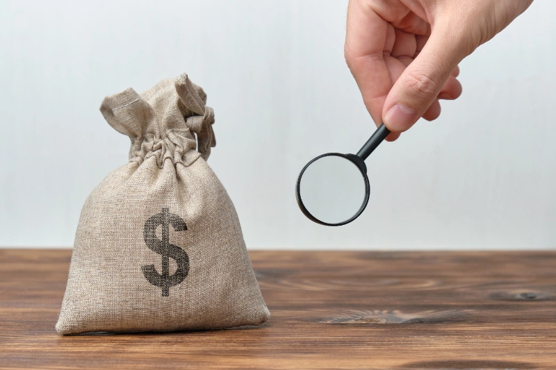 Análisis de capital con un saco de dinero, concepto financiero