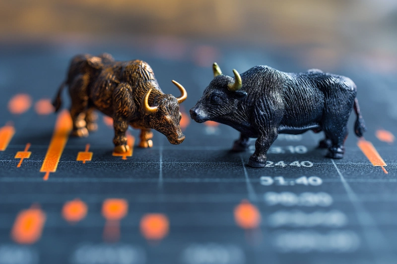 Concepto de mercado bursátil con toro y oso junto a velas japonesas