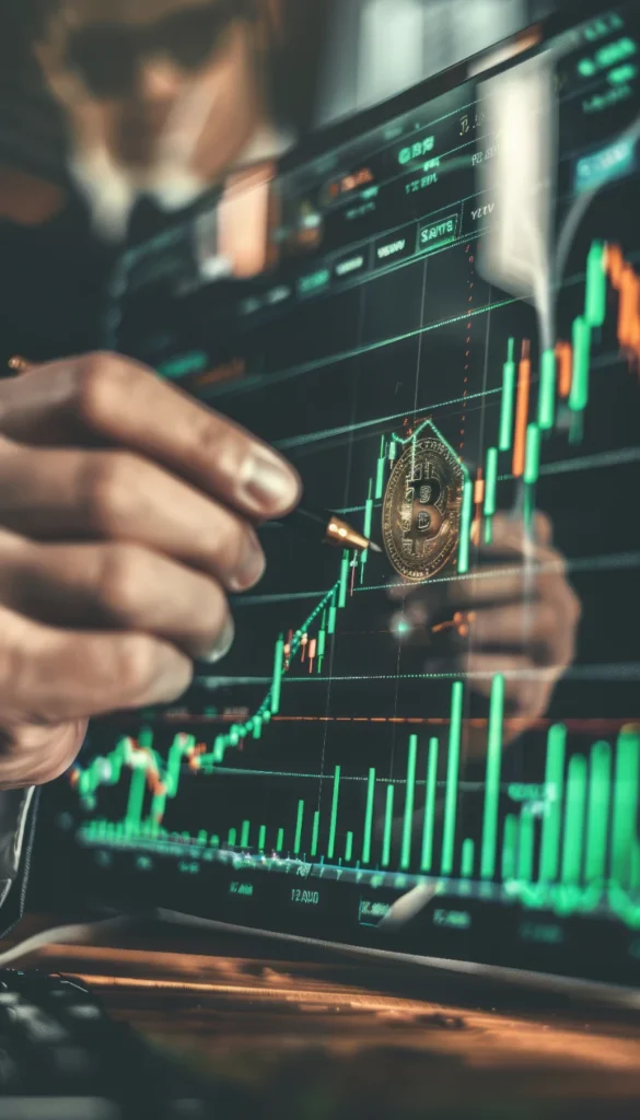 Un analista señala con un bolígrafo la tendencia alcista de Bitcoin en un gráfico bursátil digital en pantalla.
