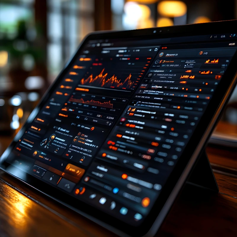 Sistema de puntuación para setups Tableta con gráficos de datos naranjas y azules sobre pantalla oscura, ilustración de un sistema de puntuación para setups