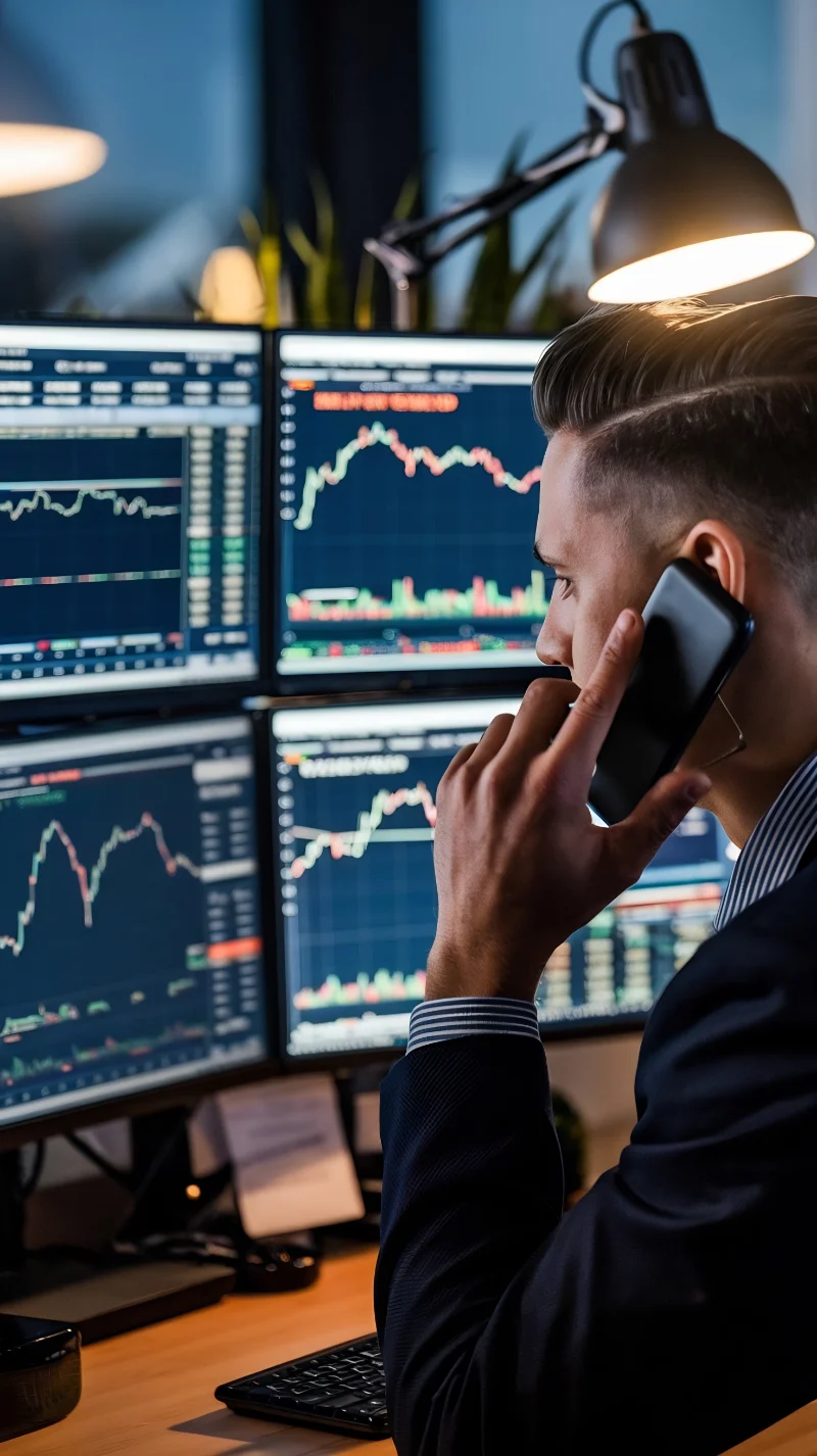 Day trader financiero trabajando en una estación con múltiples monitores y gráficos en tiempo real
