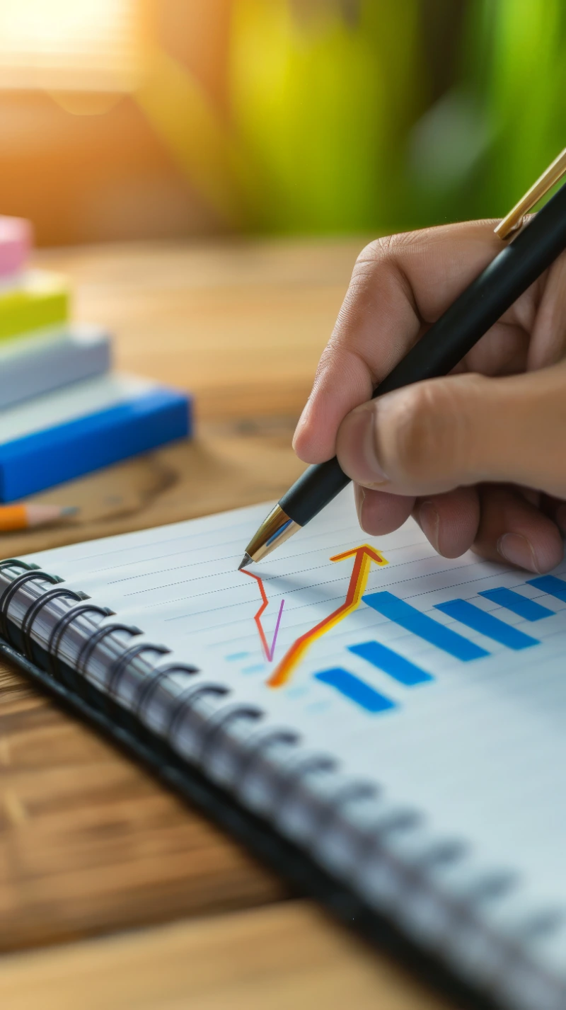 Mano dibujando gráficos financieros de crecimiento en un cuaderno de planificación