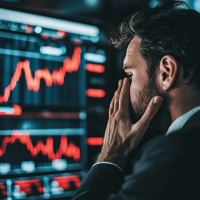 Trader reaccionando ante una caída repentina del mercado con gráficos en rojo