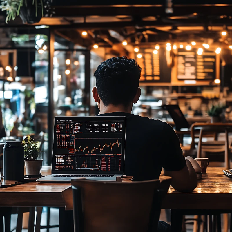 Trader trabajando con su portátil en una cafetería mientras analiza una outside bar