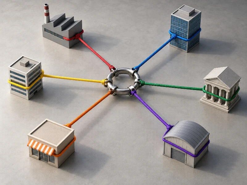 Ilustración 3D de edificios de negocios atados como metáfora de la estructura interna y externa del mercado