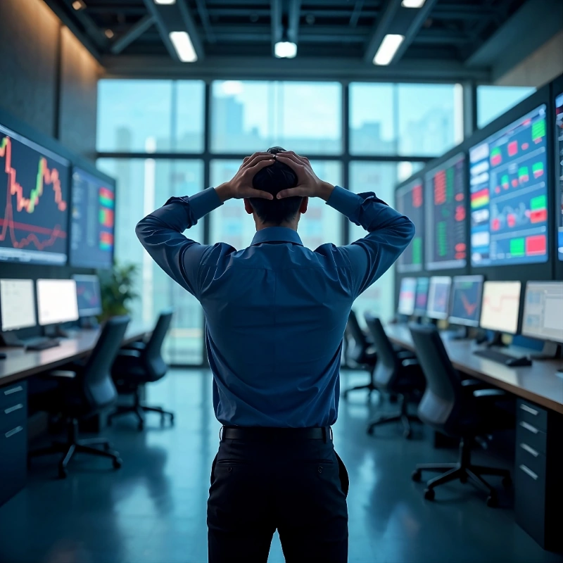 Hombre de pie frente a una pantalla de computadora analizando el mercado