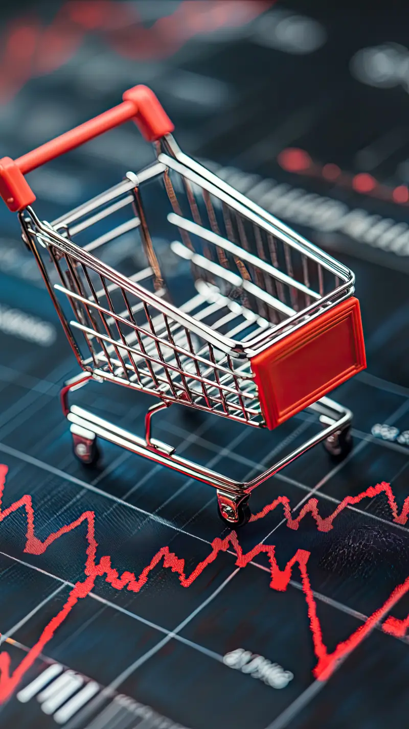 Carrito de compras pequeño sobre un gráfico descendente, símbolo de caída en ventas