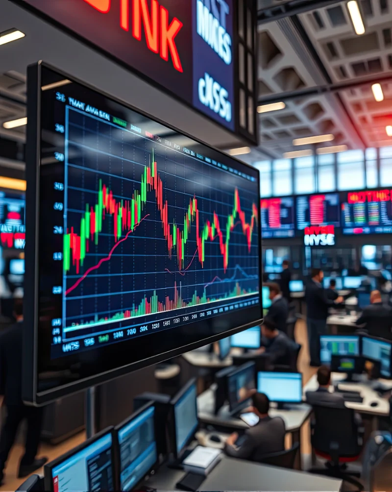 Pantalla grande de trading con gráficos de la bolsa de valores en movimiento