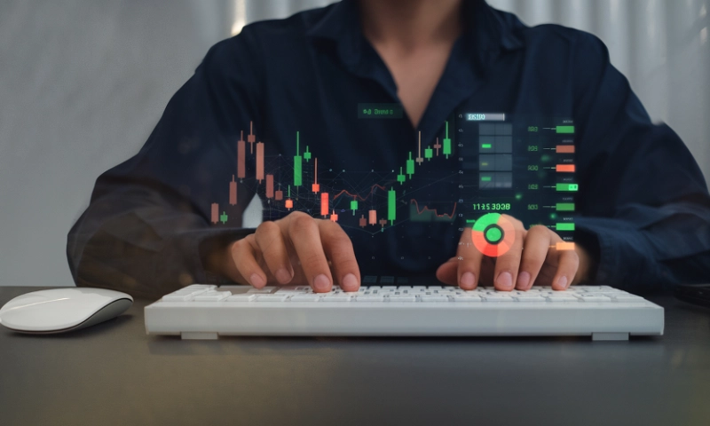Gráfico de trading de bolsa y forex en pantalla, ilustración del payoff ratio