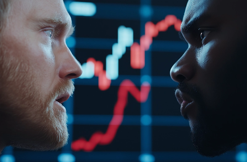Dos analistas observando un gráfico de mercado para estudiar la transición entre rango y tendencia