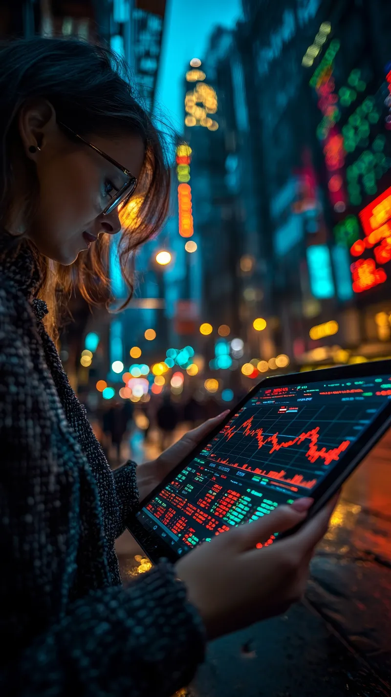 Mujer joven analizando tendencias del mercado bursátil en una tableta en la ciudad