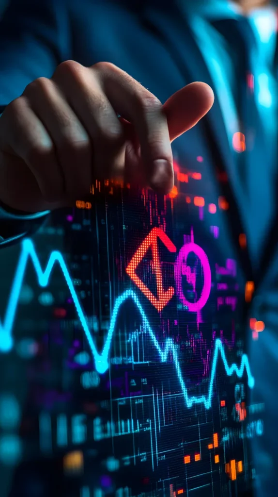 Ejecutivo interactuando con una interfaz digital con gráficos en descenso y señales rojas, representando una crisis financiera y la caída del mercado bursátil.