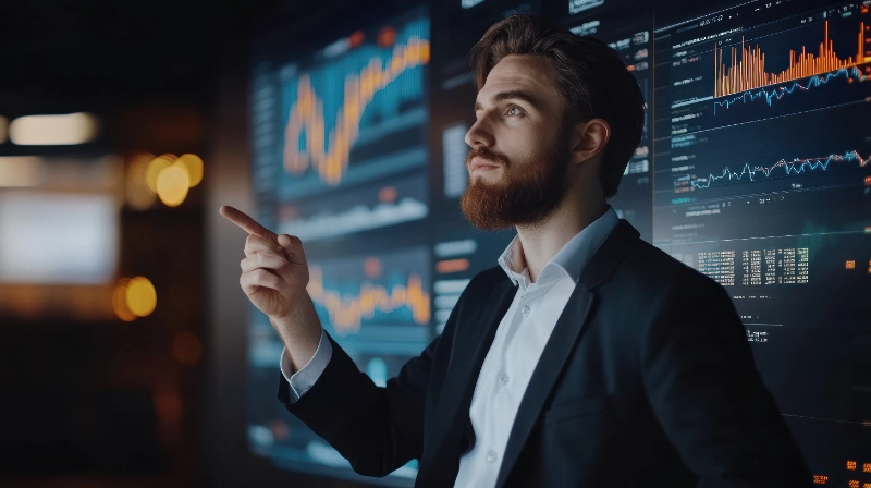 Ejecutivo señalando pantallas digitales con gráficos financieros interactivos, representando el análisis de macrodatos, la inteligencia de negocios y la toma de decisiones estratégicas.
