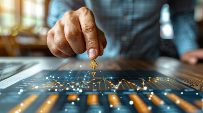 Ejecutivo colocando una flecha de crecimiento sobre un gráfico digital de tendencias, representando el aumento del rendimiento financiero y la rentabilidad corporativa
