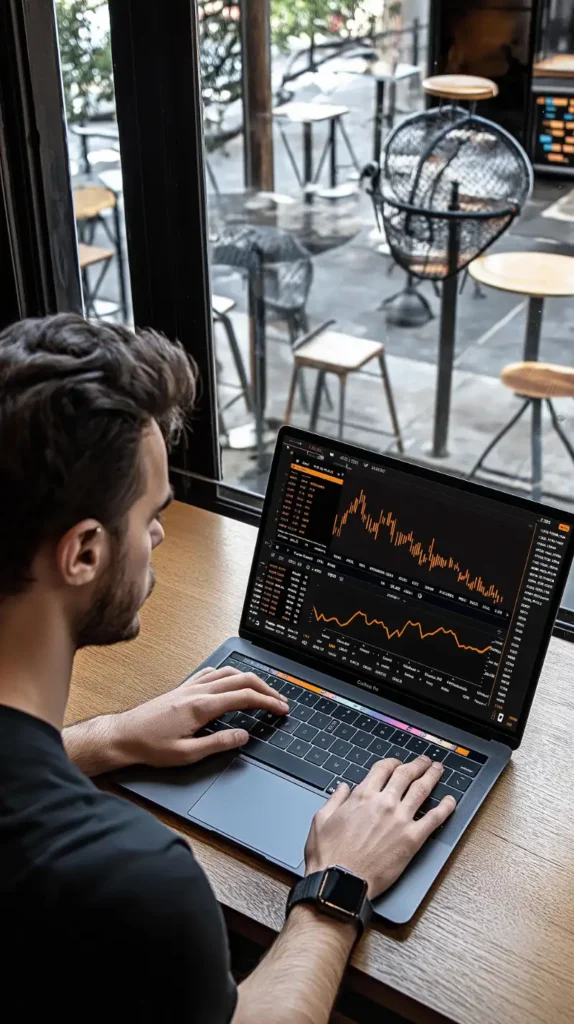 Profesional trabajando en una laptop con datos financieros junto a una ventana, representando el trabajo remoto, el comercio electrónico y el monitoreo de mercados.