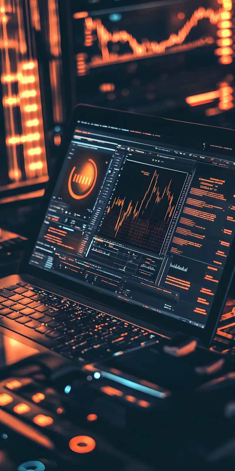 Eliminar setups de trading Primer plano de un gráfico financiero en la pantalla de un portátil, ilustración de cómo eliminar setups de trading
