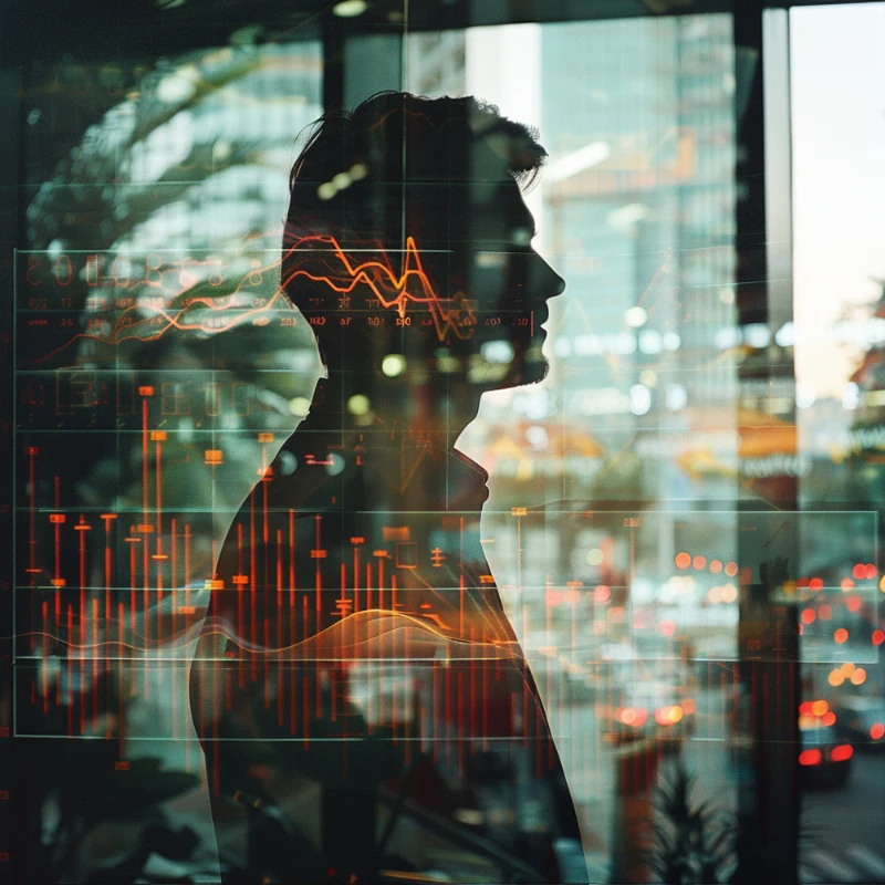 Doble exposición de la silueta de un profesional sobre un gráfico financiero y panorama urbano, representando la visión empresarial, las finanzas corporativas y las tendencias del mercado.
