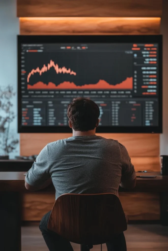 Vista posterior de un usuario analizando gráficos bursátiles e indicadores del mercado en una pantalla gigante, representando la supervisión financiera y el comercio bursátil.